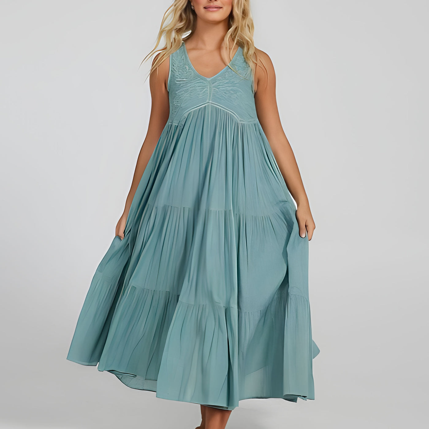 Aqua Teal Embroidered Dress-Ocean Blue